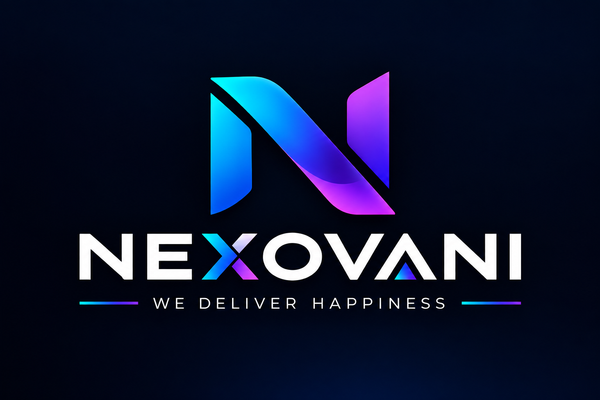 A digital logo for NEXOVANI, featuring a stylized letter 'N' with a blue-to-purple gradient, above the brand name 'NEXOVANI' in white, with the tagline 'WE DELIVER HAPPINESS' underneath on a dark blue background.